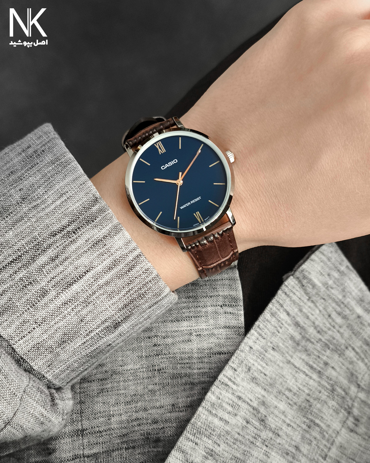 ساعت زنانه کاسیو با صفحه سرمه ای عقربه ای و بند چرم قهوه ای