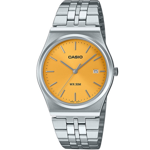 ساعت بند استیل کاسیو با صفحه گرد زرد رنگ