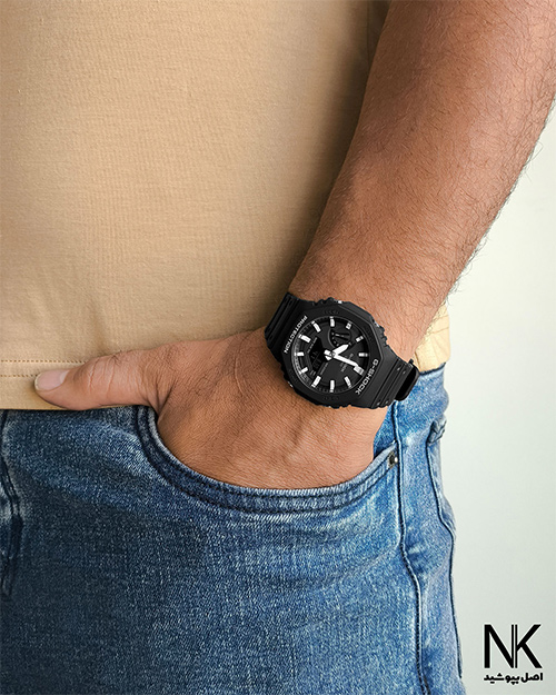 ساعت مردانه کاسیو جی شاک با قاب و بند مشکی و اعداد و عقربه های شب تاب تقویم دار
