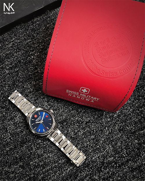 ساعت مچی سوییس میلیتاری با صفحه گرد سرمه ای رنگ و بند استیل با جعبه اصلی