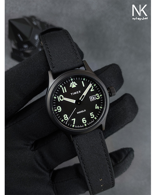 ساعت تایمکس مردانه با صفحه گرد مشکی تقویم دار با اعداد شب تاب و بند برزنت 