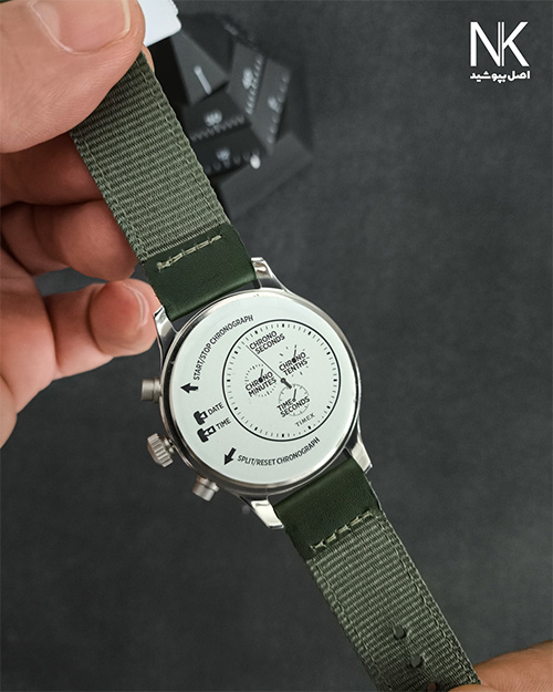 پشت ساعت مردانه تایمکس با صفحه گرد با اطلاعات استفاده از ساعت