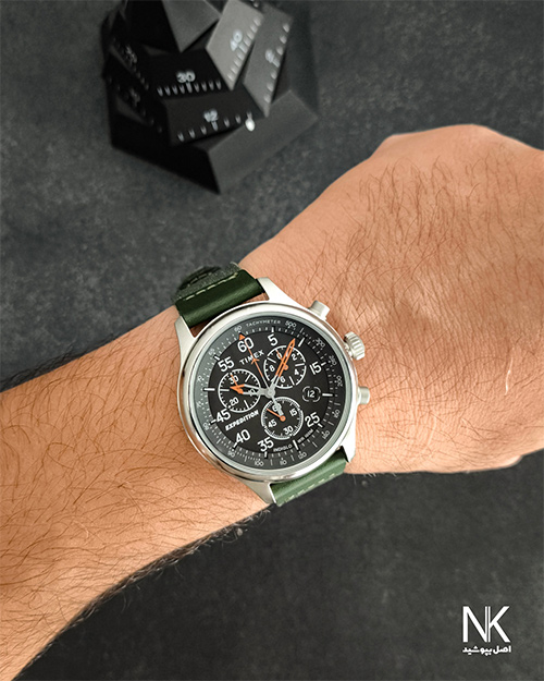 ساعت مردانه تایمکس با صفحه گرد مشکی کرنوگراف دار با بند چرم و برزنت