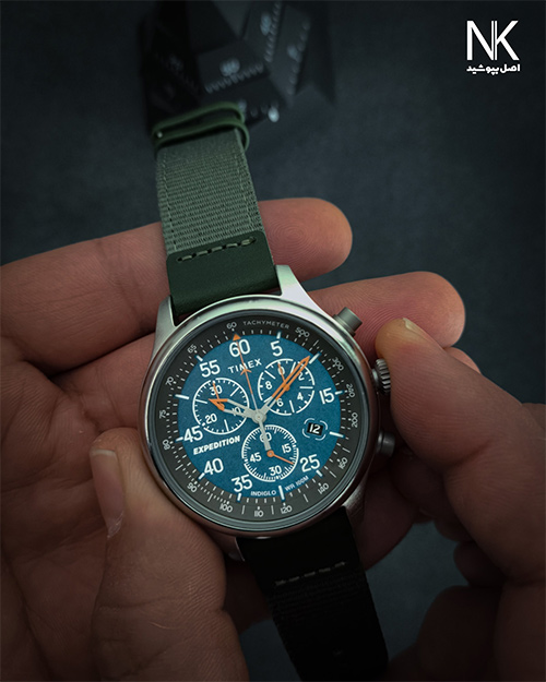 ساعت مردانه تایمکس با صفحه گرد مشکی کرنوگراف دار با بند چرم و برزنت با نور صفحه